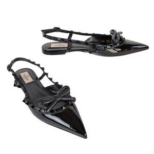 VALENTINO Rockstud Bow Slingback Ballerina Flats Black Patent Leather Women's 39